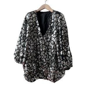 Vintage Handmade Sequined V-Neck Dolman Sleeve Blouse, Size XXL, Black/ Silver